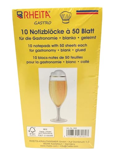 RHEITA Gastronomieblock mit 50 Blatt, 70g/m² Papier, blanko, kopfgeleimt, 7,5 x 14 cm, 10 Stück geschrumpft, FSC-zertifiziert RHEITA Gastronomieblock mit 50 Blatt, 70g/m² Papier, blanko, kopfgeleimt, 7,5 x 14 cm, 10 Stück geschrumpft, FSC-zertifiziert von RHEITA