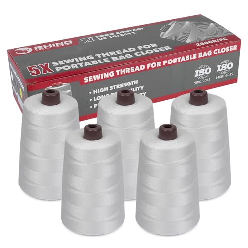 RHINO 5er-Pack Spulen Garn für Sacknähmaschinen | Polyesterkegel 12/4 200 g für Hochleistungs-Sackverschlussmaschinen | Geeignet für den Lebensmittelkontakt (Weiß) von RHINO Smart Solutions