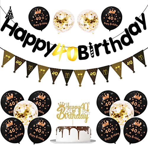 40 Geburtstag Deko, 40 Geburtstag Männer Deko 1 Happy Birthday Banner, 1 Dreieck-Banner, 1Tortendekoration, 14 Luftballons, Geburtstag Konfetti Luftballons für Deko 40. Geburtstag Frauen von RHZXD