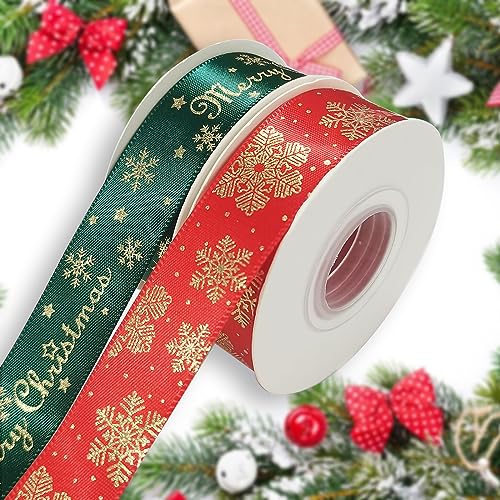 Geschenkband Weihnachten, 2 Rollen 20 Yards Satinband mit Glitzerndem Weihnachtsmotiv, 20mm Breite Schleifenband in Rot/Grün für Weihnachtsgeschenke, Weihnachtsbaum, Tortendekoration und Basteln Geschenkband Weihnachten, 2 Rollen 20 Yards Satinband mit Glitzerndem Weihnachtsmotiv, 20mm Breite Schleifenband in Rot/Grün für Weihnachtsgeschenke, Weihnachtsbaum, Tortendekoration und Basteln von RHZXD
