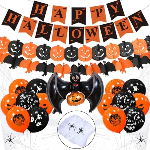 Halloween Deko Set, Happy Halloween Girlande Dekoration, Horror Große Fledermaus, Kürbisse und Spinnen Wimpelgirlande, Halloweenparty Ballons, Grusel Fotorequisiten von RHZXD