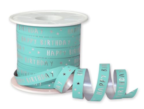 Ringelband aus recyceltem Material mit Happy Birthday-Druck, 3 Farben, 10 mm x 100 m Rolle oder Schnittlänge (1 m Schnittlänge, Blau) von RIBBON WRITER