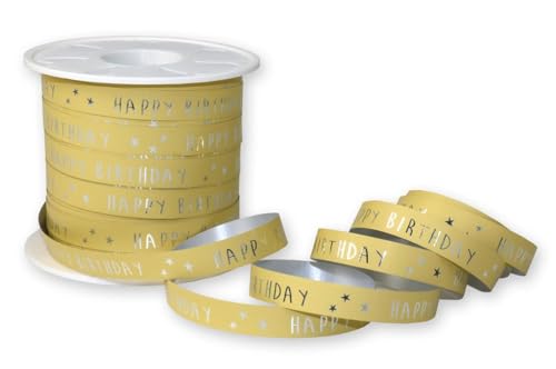 Ringelband aus recyceltem Material mit Happy Birthday-Druck, 3 Farben, 10 mm x 100 m Rolle oder Schnittlänge (1 m Schnittlänge, Gold) von RIBBON WRITER