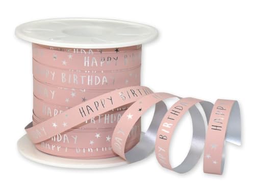 Ringelband aus recyceltem Material mit Happy Birthday-Druck, 3 Farben, 10 mm x 100 m Rolle oder Schnittlänge (1 m Schnittlänge, Rosa) von RIBBON WRITER