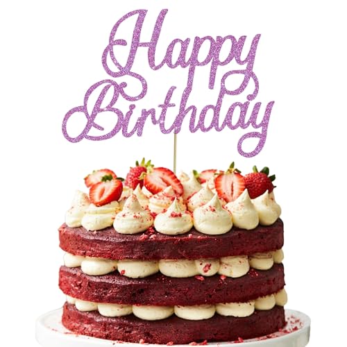 RIBBOOO 1-Pack Lila Happy Birthday Tortendeko Cake Topper Geburtstag Kuchen Dekoration für Geburtstagsparty Papier-Kuchenaufsatz Jungen Mädchen Frauen und Männer von RIBBOOO