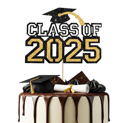 RIBBOOO 1 Stück schwarz-goldene Kuchendekoration der Klasse 2025, glitzernde Abschluss-Kuchenkappe, Abschlussfeier 2025, Party-Kuchendekoration von RIBBOOO