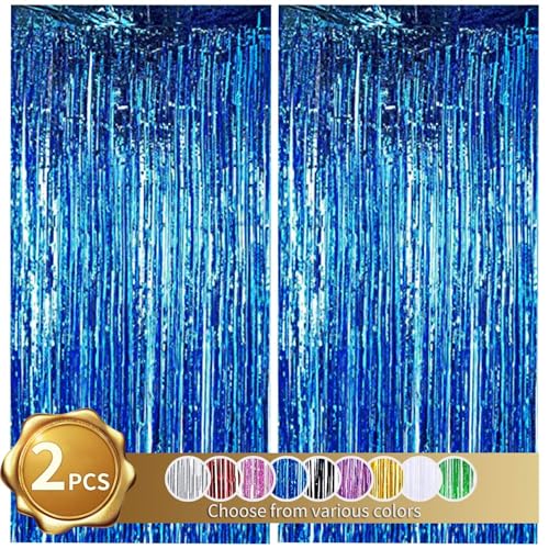 RIBBOOO 2-Pack Blau Lametta Vorhang Glitter Metallic Tinsel Vorhang für Party, Geburtstag, Foto Hintergrund, Folie Streamer, Geburtstagsdeko，Dekoration für Disco, Party, Weihnachtsfeier (1x2 Meter) von RIBBOOO