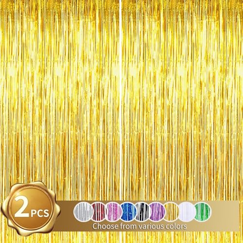 RIBBOOO 2-Pack Goldene Lametta Vorhang Glitter Metallic Tinsel Vorhang für Party, Geburtstag, Foto Hintergrund, Folie Streamer, Geburtstagsdeko，Dekoration für Disco, Party, Weihnachtsfeier (1x2 Meter) von RIBBOOO