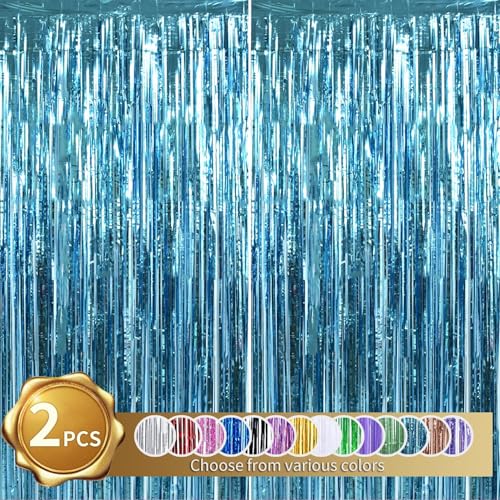 RIBBOOO 2-Pack Hellblau Lametta Vorhang Glitter Metallic Tinsel Vorhang für Party,Geburtstag,Foto Hintergrund,Folie Streamer,Geburtstagsdeko,Dekoration für Disco,Party,Weihnachtsfeier (1x2 Meter) von RIBBOOO