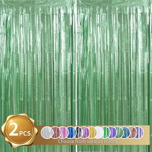 RIBBOOO 2-Pack Hellgrün Lametta Vorhang Glitter Metallic Tinsel Vorhang für Party,Geburtstag,Foto Hintergrund,Folie Streamer,GeburtstagsdekoDekoration für Disco,Party,Weihnachtsfeier(1x2 Meter) von RIBBOOO