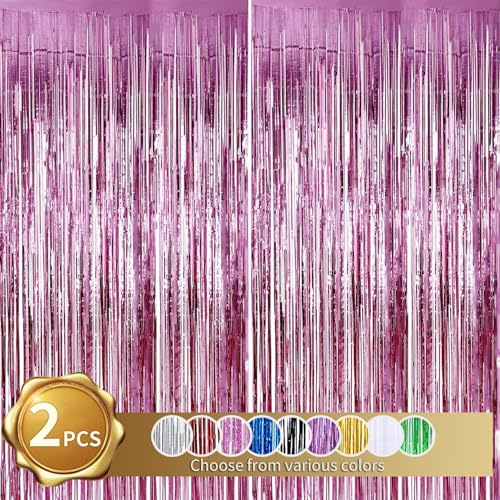 RIBBOOO 2-Pack Rosa Lametta Vorhang Glitter Metallic Tinsel Vorhang für Party, Geburtstag, Foto Hintergrund, Folie Streamer, Geburtstagsdeko，Dekoration für Disco, Party, Weihnachtsfeier (1x2 Meter) von RIBBOOO