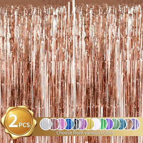 RIBBOOO 2-Pack Rosengold Lametta Vorhang Glitter Metallic Tinsel Vorhang für Party,Geburtstag,Foto Hintergrund,Folie Streamer,Geburtstagsdeko,Dekoration für Disco,Party,Weihnachtsfeier(1x2 Meter) von RIBBOOO