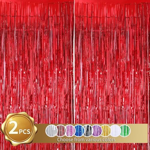 RIBBOOO 2-Pack Rot Lametta Vorhang Glitter Metallic Tinsel Vorhang für Party, Geburtstag, Foto Hintergrund, Folie Streamer, Geburtstagsdeko，Dekoration für Disco, Party, Weihnachtsfeier (1x2 Meter) von RIBBOOO