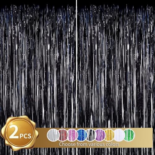 RIBBOOO 2-Pack Schwarz Lametta Vorhang Glitter Metallic Tinsel Vorhang für Party, Geburtstag, Foto Hintergrund, Folie Streamer, Geburtstagsdeko，Dekoration für Disco, Party, Weihnachtsfeier (1x2 Meter) von RIBBOOO