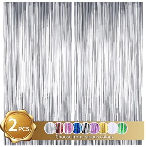 RIBBOOO 2-Pack Silber Lametta Vorhang Glitter Metallic Tinsel Vorhang für Party, Geburtstag, Foto Hintergrund, Folie Streamer, Geburtstagsdeko，Dekoration für Disco, Party, Weihnachtsfeier (1x2 Meter) von RIBBOOO