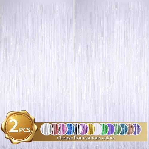 RIBBOOO 2-Pack Weib Lametta Vorhang Glitter Metallic Tinsel Vorhang für Party, Geburtstag, Foto Hintergrund, Folie Streamer, Geburtstagsdeko，Dekoration für Disco, Party, Weihnachtsfeier (1x2 Meter) von RIBBOOO