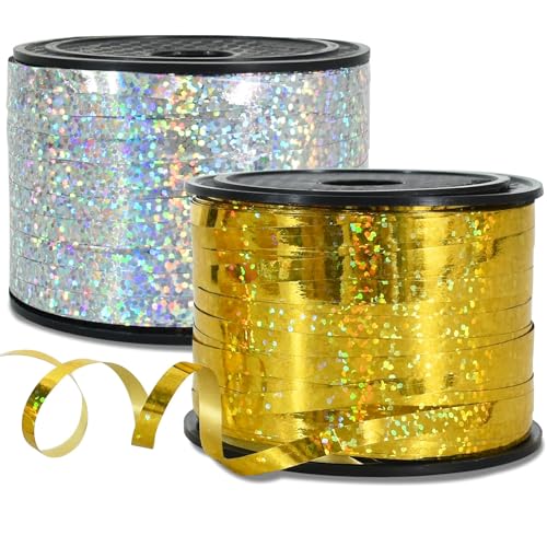 RIBBOOO 2 Rolls Geschenkband Laserband Golden&Silber - 5mm Luftballons Band Geschenkverpackung für Weihnachtsdeko Ballonverschlüsse Geschenkverpackung Hochzeitsdeko (200 Yard Balloon Ribbon） von RIBBOOO