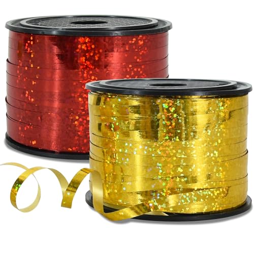 RIBBOOO 2 Rolls Geschenkband Laserband Rot&Golden - 5mm Luftballons Band Geschenkverpackung für Weihnachtsdeko Ballonverschlüsse Geschenkverpackung Hochzeitsdeko (200 Yard Balloon Ribbon） von RIBBOOO
