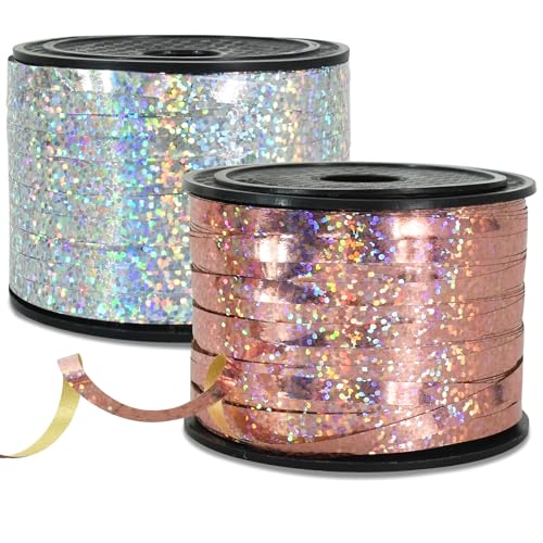 RIBBOOO 2 Rolls Geschenkband Laserband Rot&Silber - 5mm Luftballons Band Geschenkverpackung für Weihnachtsdeko Ballonverschlüsse Geschenkverpackung Hochzeitsdeko (200 Yard Balloon Ribbon） von RIBBOOO