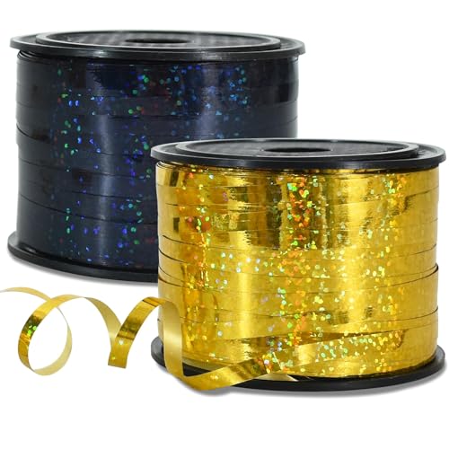 RIBBOOO 2 Rolls Geschenkband Laserband Schwarz&Golden - 5mm Luftballons Band Geschenkverpackung für Weihnachtsdeko Ballonverschlüsse Geschenkverpackung Hochzeitsdeko (200 Yard Balloon Ribbon） von RIBBOOO