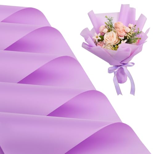 RIBBOOO 20 Sheets Light Purple Floral Matte Wrapping Paper, Plastic Waterproof Wrap Paper for Gift Wrapping, Flower Bouquet Packaging, Bouquet Florist Supplies, Wedding, Birthday, Graduation von RIBBOOO