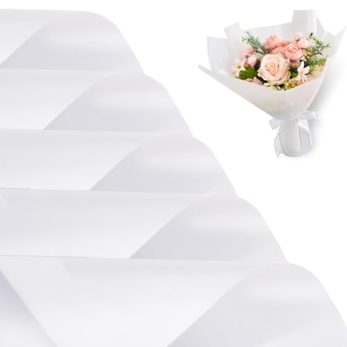 RIBBOOO 20 Sheets White Floral Matte Wrapping Paper, Plastic Waterproof Wrap Paper for Gift Wrapping, Flower Bouquet Packaging, Bouquet Florist Supplies, Wedding, Birthday, Graduation von RIBBOOO
