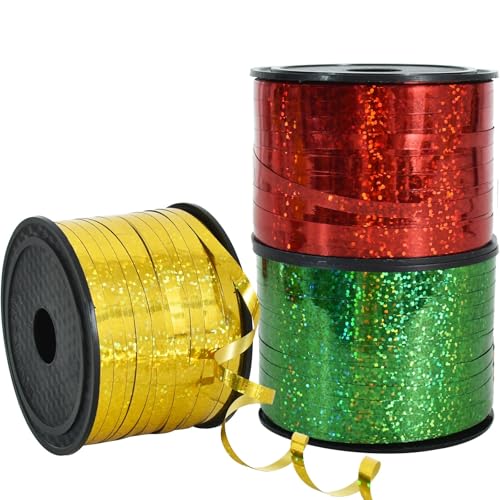 RIBBOOO 3 Rolls Geschenkband Laserband Golden&Rot&Grün - 5mm Luftballons Band Geschenkverpackung für Weihnachtsdeko Ballonverschlüsse Geschenkverpackung Hochzeitsdeko (200 Yard Balloon Ribbon） von RIBBOOO