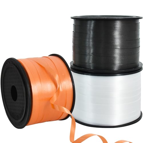 RIBBOOO 3 Rolls Geschenkband Laserband Schwarz&Weiß&Orange - 5mm Luftballons Band Geschenkverpackung für Weihnachtsdeko Ballonverschlüsse Geschenkverpackung Hochzeitsdeko (200 Yard Balloon Ribbon） von RIBBOOO