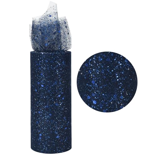 RIBBOOO Dunkelblauer Glitzer-Tüllstoff, Rollen, 15,2 cm, 9,1 m, Netzstoff, Pailletten, funkelndes Band, Spulennetz für DIY-Tutu-Rock, Geschenkverpackung, Babyparty, Hochzeit, Party-Dekoration von RIBBOOO