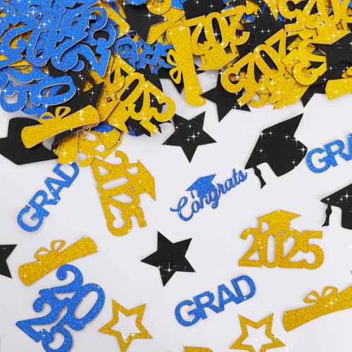 RICHHHA 300 Stück blau-goldene und schwarze Abschlusstischkonfetti mit Kappen 2025, Congrats Grad Konfetti 2025, perfekt für Abschlussfeier 2025, Party-Dekoration, Klasse 2025 von RICHHHA