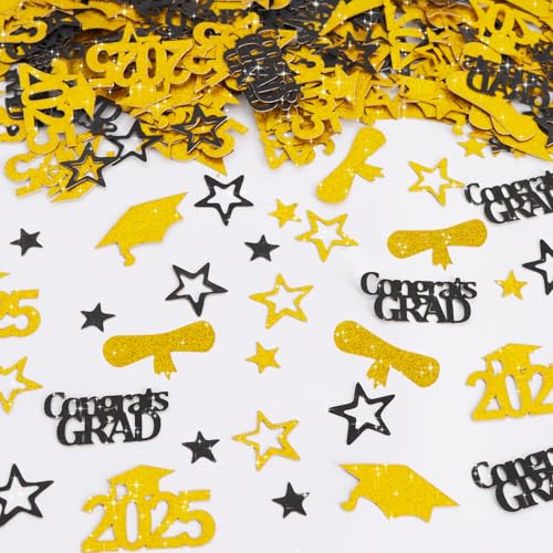 RICHHHA 300 Stück glitzernde Gold- und Schwarz-Konfetti mit Stern, Congrats Grad Konfetti 2025, perfekt für Abschlussfeier, Party-Dekoration, Klasse 2025 von RICHHHA