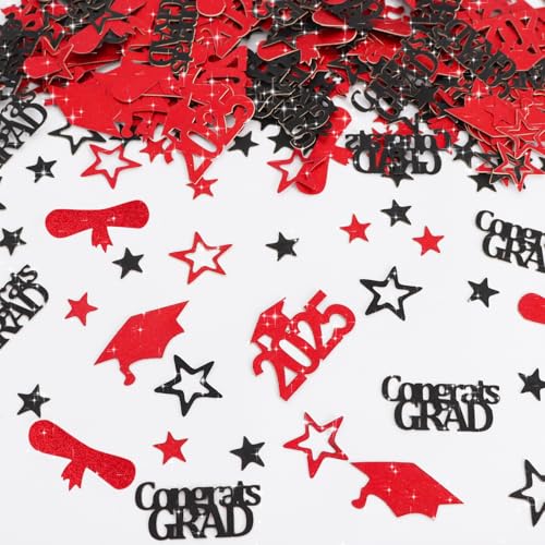 RICHHHA 300 Stück glitzernde rote und schwarze Abschlusstischkonfetti mit Stern, Congrats Grad Konfetti 2025, perfekt für Abschlussfeier, Party-Dekoration, Klasse 2025 von RICHHHA
