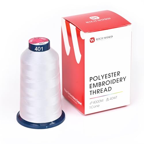 RICHWORD Polyester-Stickgarn, 4000 m (4374Y), 40 WT Garn für kommerzielle Multi-Nadeln und Einzelnadel-Stickmaschinen, Weiß 0401 von RICHWORD