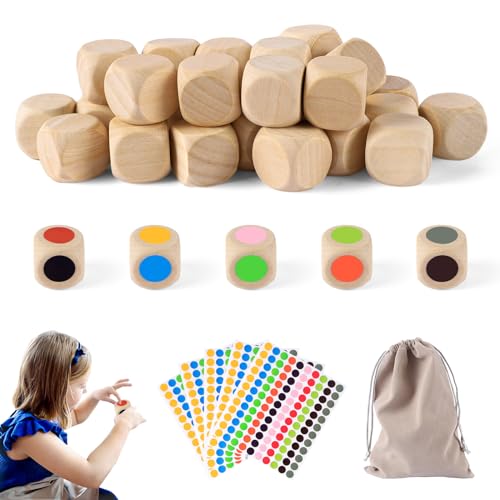 RICKMASK 30PCS Holzwürfel,Holzwürfel Blanko,DIY Leere Würfel,20mm Holzwürfelmit Säckchen mit Kordelzug Farbe Punktaufkleber,Unbemalte Holzwürfel für Dekorationen und Bastelprojekte von RICKMASK