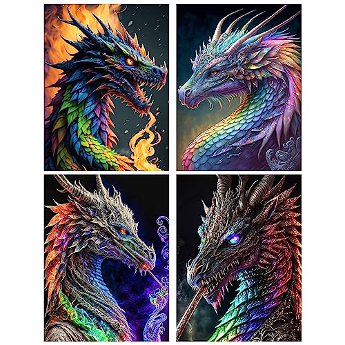 RICUVED 4 Pack Drachen Diamond Painting Erwachsene, 5D Drachen Diamant Painting Bilder Erwachsene, DIY Diamond Painting Bilder Tiere Diamant Malerei Set für Wanddekoration 30x40cm von RICUVED