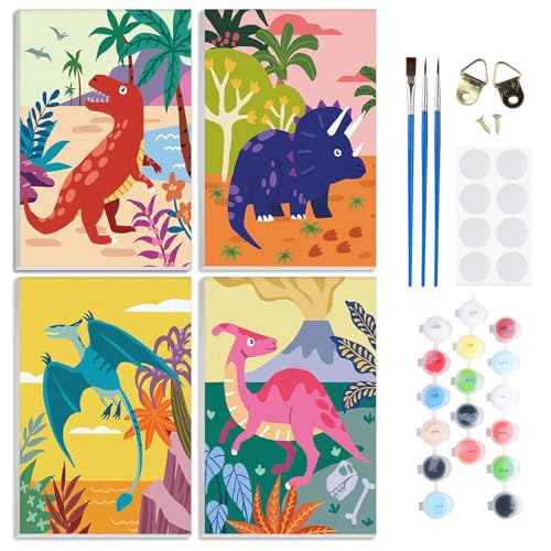 RICUVED 4 Pack Malen Nach Zahlen Erwachsene, Dinosaurier Paint by Numbers Malen Nach Zahlen Kinder mit 20x30cm Holzrahmen,DIY Tiere mit Pinseln und Acrylfarben Handgemalt Ölgemälde Leinwand für Home von RICUVED