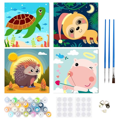 RICUVED 4 Pack Malen Nach Zahlen Erwachsene, Paint by Numbers Malen Nach Zahlen Kinder mit 20x20cm Holzrahmen, DIY Tiere mit Pinseln und Acrylfarben Handgemalt Ölgemälde Leinwand für Home Decor von RICUVED