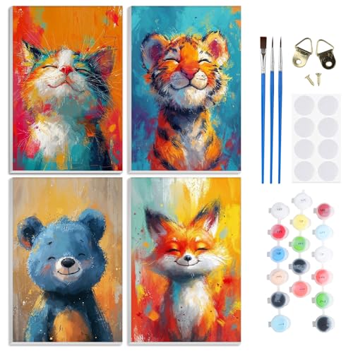 RICUVED 4 Pack Malen Nach Zahlen Jahre Mädchen und Junge,Cute Tiere Malen Nach Zahlen für Kinder mit Rahmen 3 Pinsel und Acrylfarben 20x30cm von RICUVED