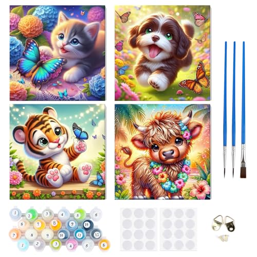 RICUVED 4 Pack Tiere Malen Nach Zahlen Jahre Mädchen und Junge,Cute Tiere Malen Nach Zahlen für Kinder mit Rahmen 3 Pinsel und Acrylfarben 20x20cm RICUVED 4 Pack Tiere Malen Nach Zahlen Jahre Mädchen und Junge,Cute Tiere Malen Nach Zahlen für Kinder mit Rahmen 3 Pinsel und Acrylfarben 20x20cm von RICUVED