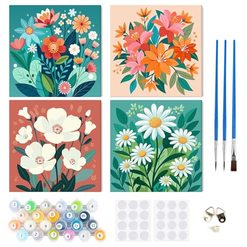 RICUVED 4 Pcs Blumen Malen nach Zahlen Kinder mit Rahmen-Landschaft Paint by Numbers für Kind, Cute Ölgemälde Kinder Jahre für Hause Dekoration Verwendet Werden 20x20cm von RICUVED