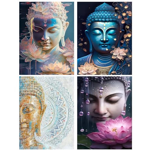 RICUVED 4 Stück Buddha Diamond Painting Bilder, 5D Lotosblume Diamant Painting Bilder Erwachsene Diamant Malerei Bilder Set Full Drill Buddha Diamond Painting Cross Stickerei Malerei Set 30x40cm von RICUVED