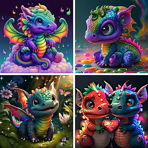 RICUVED 4 Stück Drachen Diamond Painting Erwachsene, 5D Dragon Diamant Painting Bilder Erwachsene, DIY Diamond Painting Bilder Tiere Diamant Malerei Set für Wanddekoration 30x30cm von RICUVED