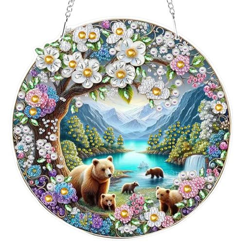RICUVED Blumen Diamond Painting Anhänger, 5D Bären Diamond Painting Hängende Ornament Set Kinder Erwachsene,Special Shaped Anhänger Diamant Painting Bilder Windspiel für Dekoration von RICUVED