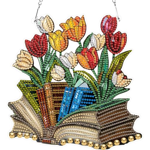 RICUVED Buch Diamond Painting Anhänger Set,Blume Diamond Painting Fensterbilder Beidseitig Hängende Ornament Kits Erwachsene Special Shaped Diamant Painting Anhänger Windspiel Kranz von RICUVED