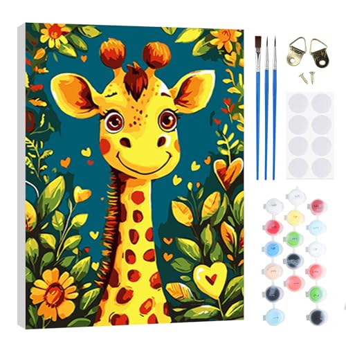 RICUVED DIY Cartoon Giraffe Malen nach Zahlen Set für Erwachsene Kinder mit Holzrahmen - Tiere Paint by Numbers Set Mit Ölgemälde für Anfänger, Leinwand, Pinsel und Farben Wanddekoration 20x30cm von RICUVED