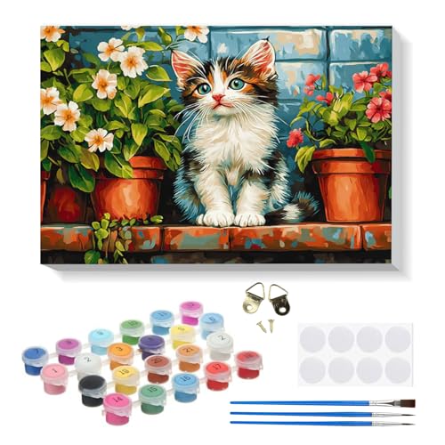 RICUVED Katze Blume Malen Nach Zahlen ab 5 6 7 Jahre Mädchen und Junge,Tiere Malen Nach Zahlen für Kinder mit Rahmen 3 Pinsel und Acrylfarben 20x30cm von RICUVED