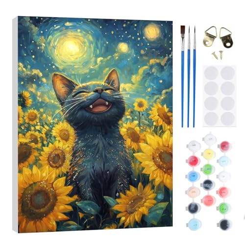 RICUVED Katze Malen Nach Zahlen Erwachsene,Sonnenblume Paint by Numbers Malen Nach Zahlen Kinder mit 20x30cm Rahmen, DIY mit Pinseln und Acrylfarben Handgemalt Ölgemälde Leinwand für Home Deco von RICUVED
