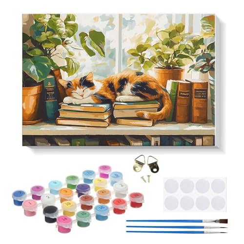 RICUVED Katze Malen nach Zahlen Set 20x30cm für Erwachsene Kinder mit Rahmen -Buch Digitale Ölmalerei Kits, DIY Kunstkit mit Farben, Pinsel und Holzrahmen, für Anfänger und Hobbykünstler von RICUVED