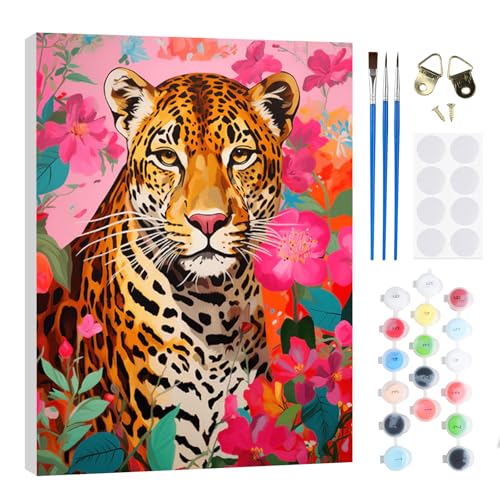 RICUVED Leopard Blume Malen nach Zahlen Erwachsene Kinder, Tiere Malen nach Zahlen DIY Handgemalt Ölgemälde Kit Paint by Numbers Adult mit Rahmen 3 - Pinseln und Acrylfarbe Kit 20x30cm von RICUVED