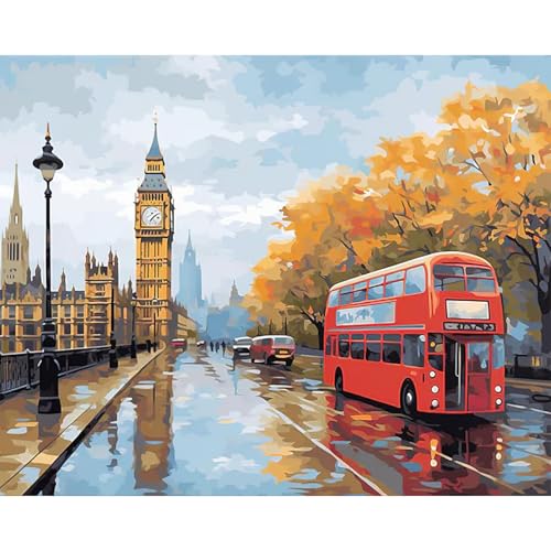 RICUVED Londoner Malen nach Zahlen Set für Erwachsene Anfänger - Landschaft Malen nach Zahlen 40x50cm Leinwand ohne Rahmen, inkl. Pinsel, Acrylfarben Aufhänger - DIY Kunst zum Entspannen von RICUVED